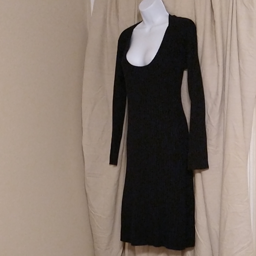 Black sweater dress with deep scoop neckline